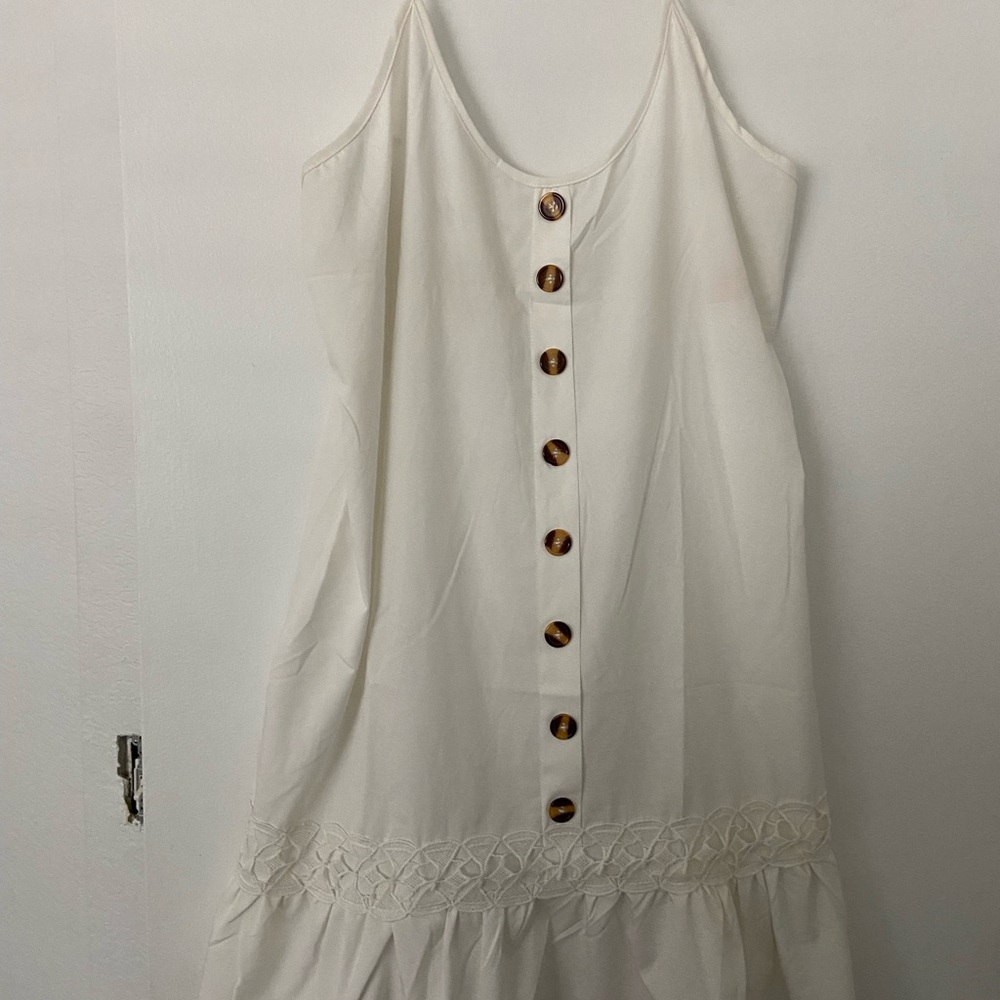 Cream Button-Front Sundress with Crochet Trim